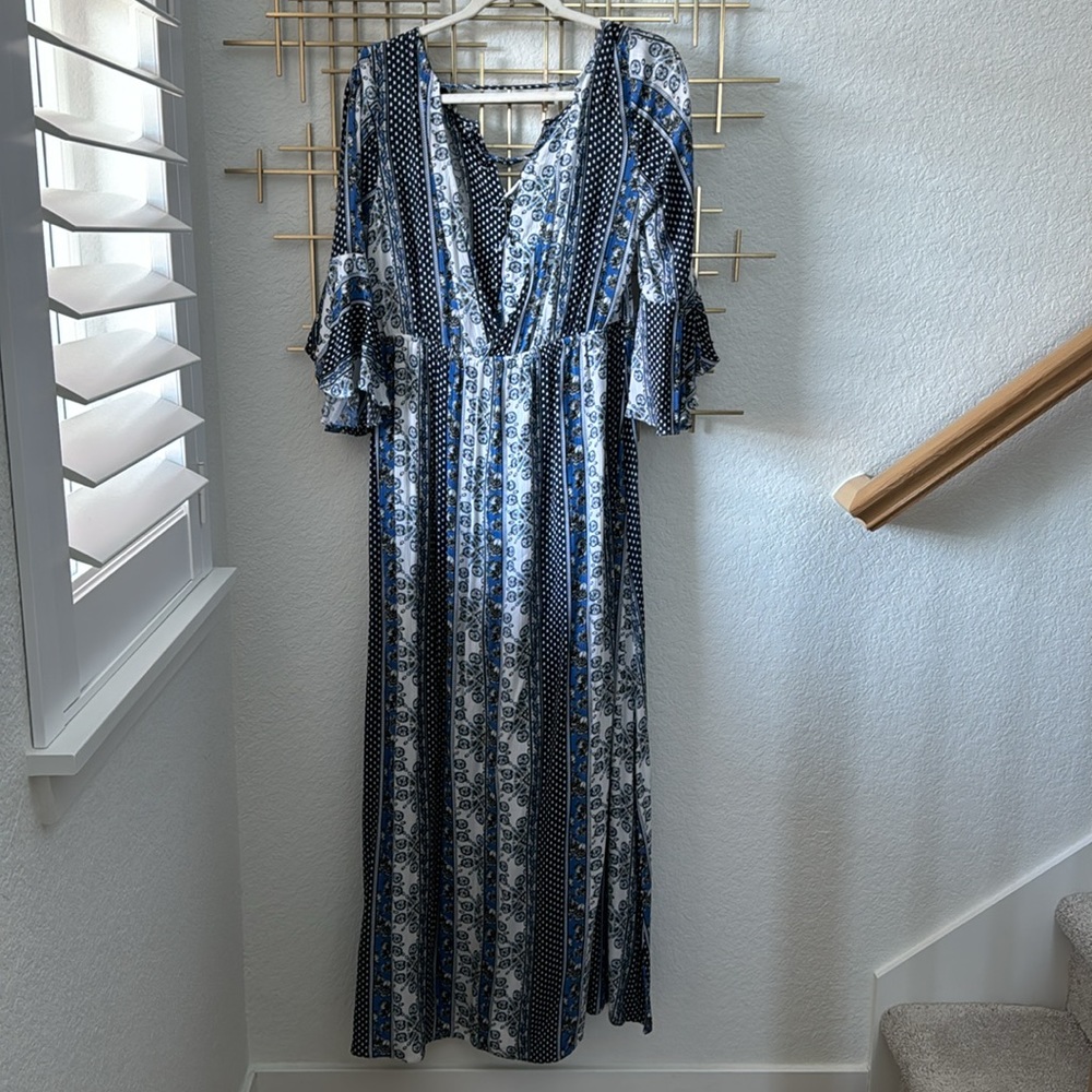 H&M Blue Patchwork Drawstring Detail Bell Sleeve … - image 4